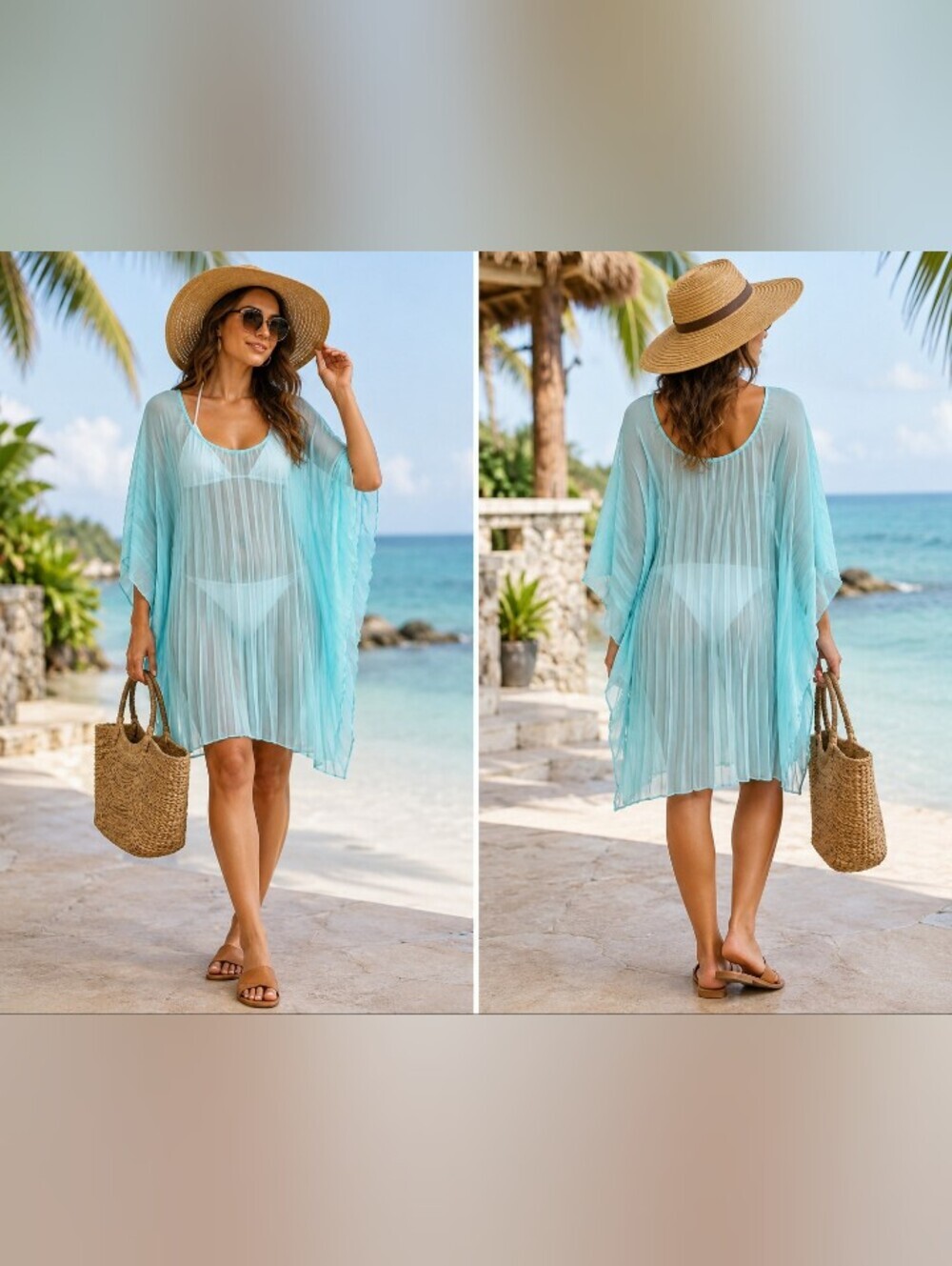 steve madden aqua sheer pleated swim cover up beach dress one size